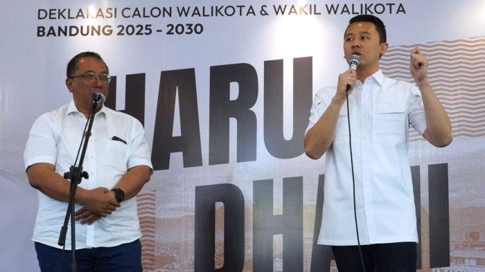 Pasangan bakal calon wali kota dan wakil wali kota Bandung, Haru Suandharu - Ridwan Dhani Wirianata bergantian menyampaikan orasi politiknya pada acara deklarasi pasangan ini di Kiara Artha Park, Jalan Ibrahim Adji, Kota Bandung, Rabu (28/8/2024) siang, sebelum mendaftar ke KPU Kota Bandung.