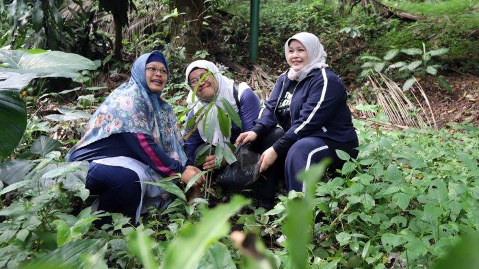 civitas akademik SBM ITB menanam bibit pohon karet dalam rangkaian acara perayaan hari ulang tahun ke-21 SBM ITB di area hutan kota Babakan Siliwangi, Kota Bandung, Jawa Barat, Sabtu (1/2/2025).