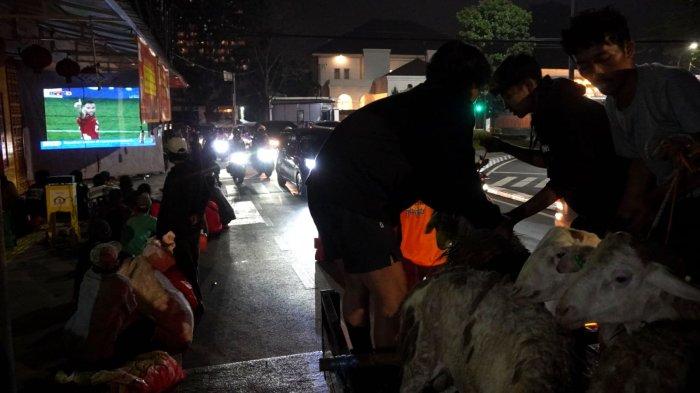 Tim pelaksanaan kurban Iduladha 1446 H mengurus domba kurban yang baru datang dan yang lainnya berkesempatan nonton bareng Timnas Indonesia melawan China lewat layar lebar, di Masjid Lautze 2, Kota Bandung, Jawa Barat, Kamis (5/6/2025).