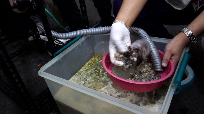 Pemateri memperlihatkan sampah dapur yang sudah hancur setelah melalui proses penghancuran menggunakan mesin yang dipasang pada saluran pembuangan wastafel saat Campaign Zero Waste 