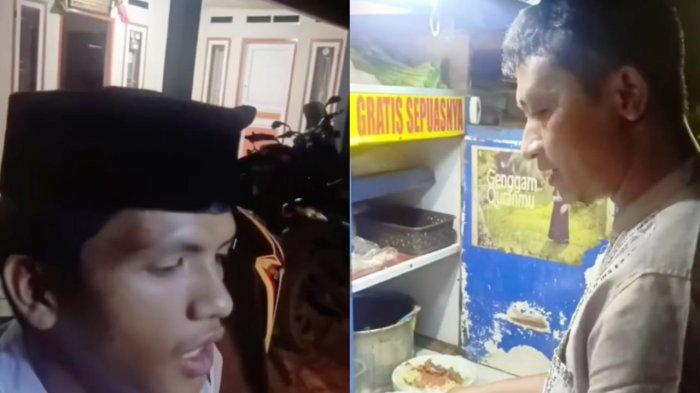 Tangkapan layar foto seorang penjual mi ayam (kanan) menggratiskan dagangan untuk penghafal Alquran (kiri), viral di media sosial diunggah Instagram @muslimvox, Sabtu (8/3/2025). Aksi mulianya menuai pujian.
