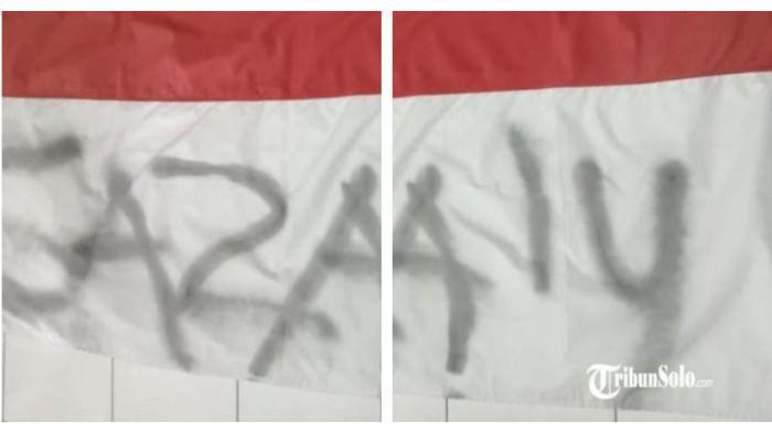 AKSI VANDALISME - Tiga bocah di Sragen melakukan aksi vandalisme dengan mencoret bendera merah putih dengan tulisan 'Gaza 14'. Jerat pidana pun menanti ketiga bocah tersebut.. 