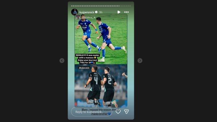 UCAPAN SELAMAT TINGGAL - Bek Persib Bandung Gustavo Franca mengucapkan selamat tinggal untuk tandemnya di lapangan, Nick Kuipers melalui unggahan Instagram Story, Kamis (22/5/2025).