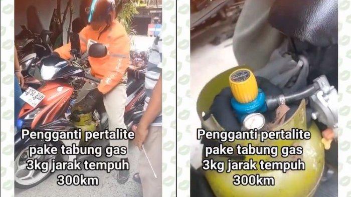 Beredar video yang memperlihatkan seorang pengendara motor menggunakan gas elpiji 3 kg untuk bahan bakar kendaraan, viral di media sosial