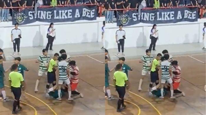 Aksi mahasiswa Fakultas Ekonomi dan Bisnis (FEB) Universitas Sebelas Maret (UNS) Solo bernama Jonathan Syeba Agung Putra menginjak kepala pemain yang tergeletak dalam pertandingan futsal PORSEMA pada pada Selasa (22/10/2024) malam.