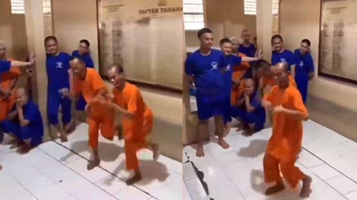 Gunawan Sadbor dan AS alias Toed, tersangka kasus dugaan promosi situs judi online di Sukabumi, berjoget ayam patuk ketika berada di sel tahanan.