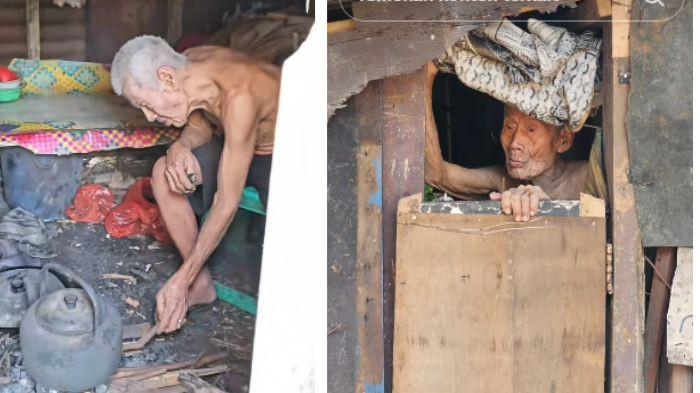 TINGGAL DI GUBUK - Pria berusia di atas 100 tahun bernama Jaung hidup sendirian di gubuk kumuh di Desa Lubang Buaya, viral di media sosial. Tiga anaknya yang mapan ogah merawat karena ayah dinilai terlalu rewel, Selasa (22/7/2025).