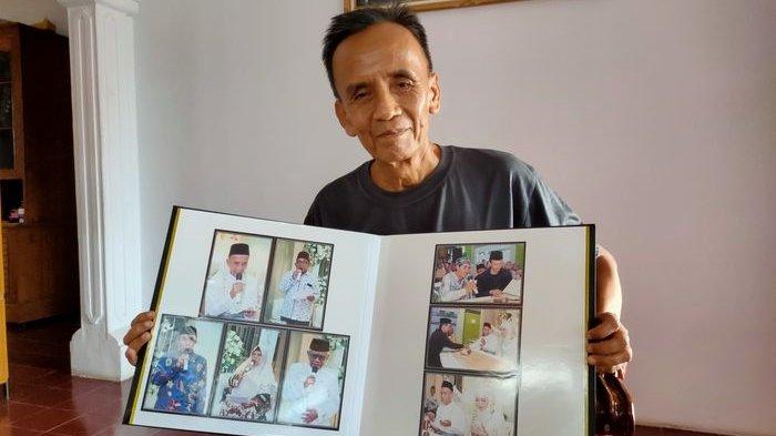 Karman, mantan kepsek di Kabupaten Cirebon yang viral karena menikahi seorang gadis bernama Yuniara (27) atau berbeda usia 41 tahun, saat menunjukkan foto momen pernikahan, Selasa (10/9/2024).