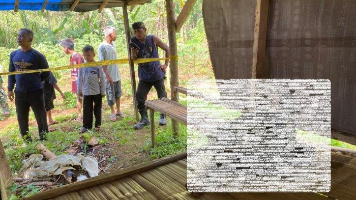 Kondisi mayat pria tanpa identitas yang ditemukan warga di gubuk di kebun singkong di Desa Pamuruyan, Cibadak.
