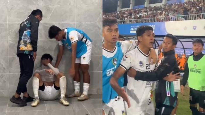 Pemain tim sepak bola Sulawesi Tengah (Sulteng) menangis setelah menghadapi laga panas melawan Aceh di babak perempat final sepak bola Pekan Olahraga Nasional (PON) XXI Aceh-Sumut 2024 yang berlangsung di Stadion Dimurthala, Banda Aceh, Sabtu (14/9/2024) malam. Ada dugaan kecurangan wasit dalam memimpin pertandingan.