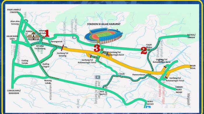 Pengalihan arus lalu lintas dilakukan Polresta Bandung, jelang konser Sheila On 7 bertajuk 'Tunggu Aku di Bandung' di Stadion Si Jalak Harupat, Kabupaten Bandung, Sabtu (28/9/2024).