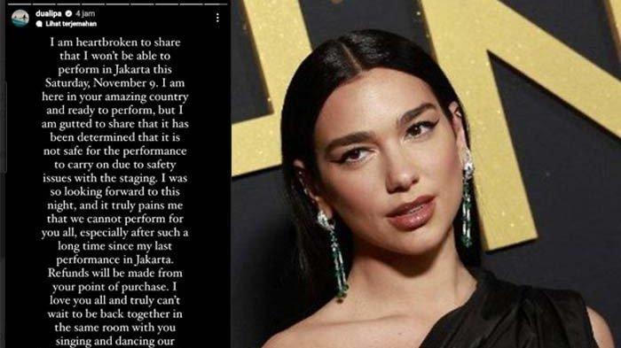 Penyanyi Dua Lipa mengumumkan pembatalan konsernya di Jakarta. Padahal dia sudah di Jakarta, namun batal menyapa dan hibur fans.