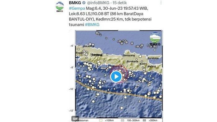 Peta gempa yang terjadi di Bantul, Yogyakarta, Jumat (30/6/2023) malam.