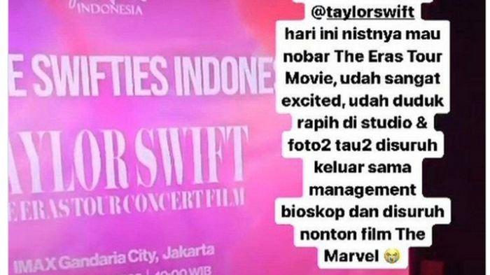 Media sosial tengah diramaikan dengan ungkapan kekecewaan pengunjung bioskop yang mengaku kecewa saat akan menyaksikan film Taylor Swift: The Eras Tour, namun tiba-tiba diganti film lain