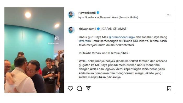 BERI SELAMAT - Postingan terakhir Ridwan Kamil di Instagramnya menunnjukkan momen saat bertemu dengan Pramono Anung dan Rano Karno, ia memberikan selamat atas kemenangan Pilkada Jakarta diunggah pada 13 Desember, 2024 lalu.