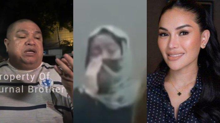Razman Nasution (kiri) menunjukkan bekas luka di dahinya setelah menerima pukulan dari Nikita Mirzani. Lolly (tengah) menangis di Polres setelah kabur dari Rumah Aman.