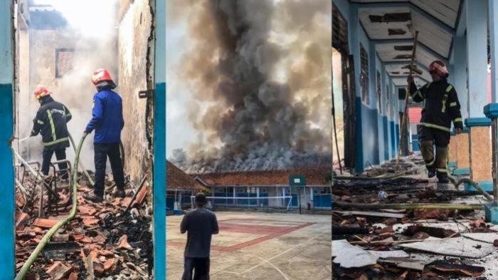 Suasana kebakaran yang menghanguskan sejumlah ruang gedung di SMPN 2 Pagerageung, Kabupaten Tasikmalaya, Jawa Barat, Jumat (17/5/2024) siang.