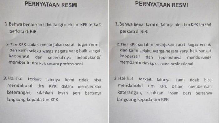 SELEMBAR KERTAS - Penampakan selembar kertas sebagai pernyataan eks Gubernur Jawa Barat, Ridwan Kamil,saat rumahnya digeledah KPK. Rumah Ridwan Kamil di kawasan Ciumbuleuit Kota Bandung, digeledah KPK, Senin (10/3/2025).