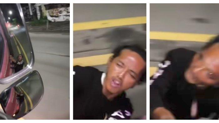 Viral video seorang pria bergelantungan di bodi truk yang melaju viral di media sosial. Diduga memalak sopir truk.