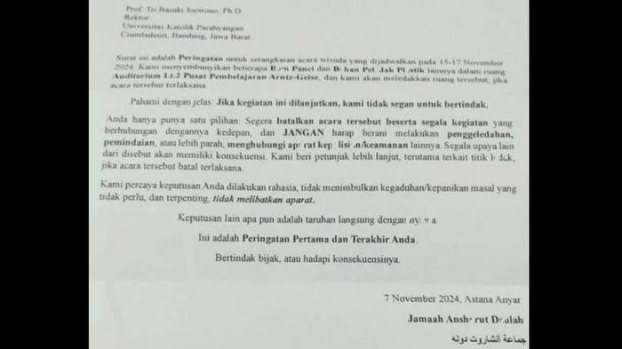 Surat kaleng berisi ancaman keamanan yang diterima Kampus Unpar, Kamis (14/11/2024).