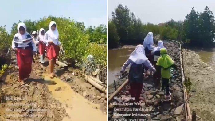Tangkapan layar video anak-anak berangkat sekolah lewati jalanan rusak penuh lumpur di Blok Empang Desa Eretan Wetan, Kecamatan Kandanghaur, Kabupaten Indramayu.