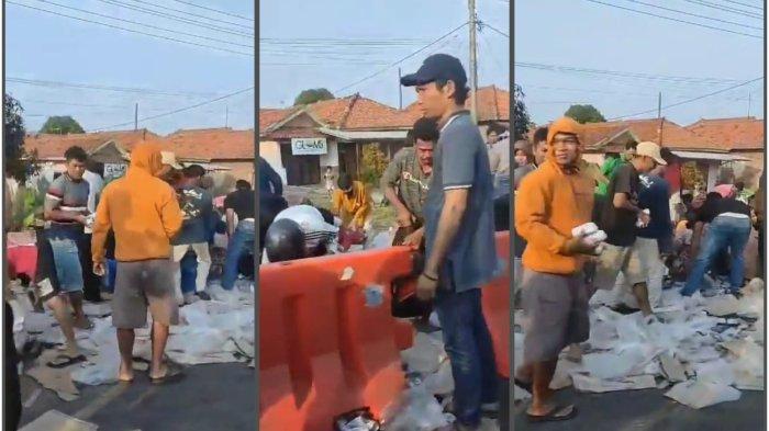 Warga mengambili susu Bear Brand yang berserakan di jalan