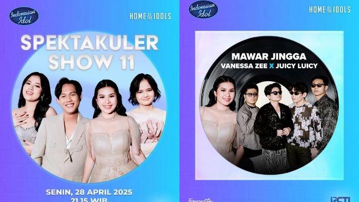 DAFTAR LAGU - Top 4 Indonesian Idol 2025 akan bersaing di panggung Spektakuler Show 11 pada Senin, 28 April 2025 pukul 21.15 WIB menyanyikan lagu Juicy Luicy dan lagu daerah.