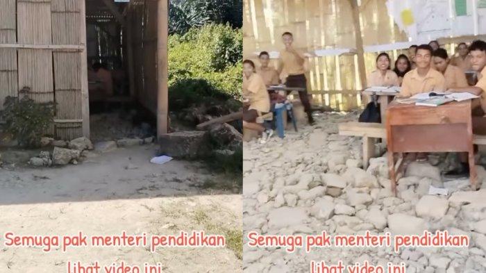Viral penampakan sekolah berdinding bambu beralas bongkahan batu