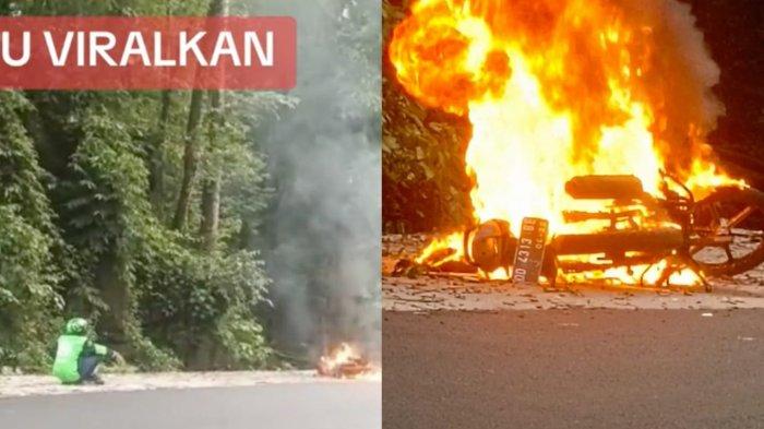 Seorang driver ojol bernasib pilu pasrah lihat motornya terbakar di pinggir jalan saat sedang mengais rezeki, kini ramai netizen buka donasi