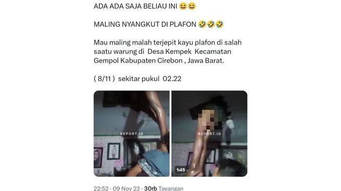 Viral maling tersangkut di plafon saat beraksi di Desa Kempek, Kecamatan Gempol, Kabupaten Cirebon.