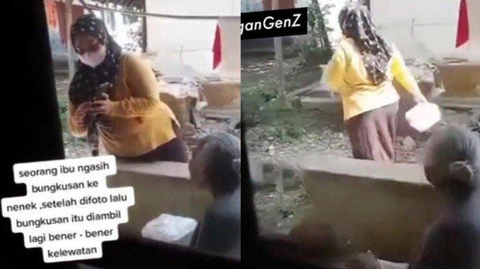Beredar sebuah video aksi seorang perempuan memberikan bingkisan ke nenek-nenek, namun berujung diambil kembali.