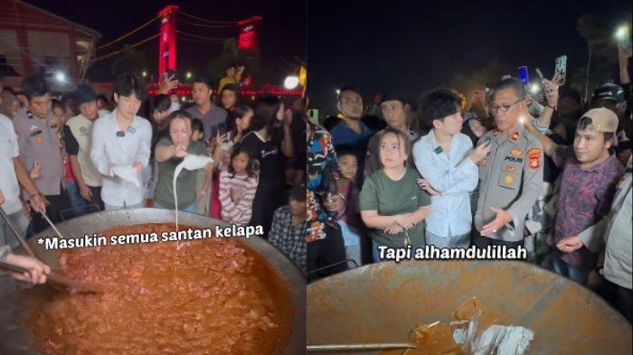 MASAK RENDANG - Influencer Willie Salim saat masak rendang 200 Kg di Palembang. Namun, ia terkejut saat tahu daging 200 kg tersebut hilang sekejap.