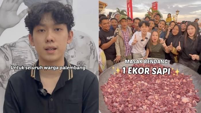 KLARIFIKASI RENDANG HILANG - Foto kolase konten kreator Willie Salim (kiri) akhirnya minta maaf soal konten rendang daging sapi (kanan) seberat 200 kilogram yang hilang yang dimasaknya di Palembang.