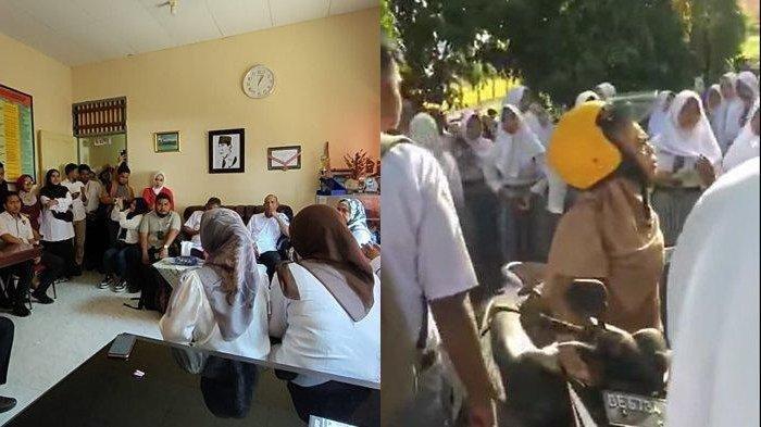 (Kiri) Para alumni SMAN 15 Maluku Tengah datangi sekolah, Rabu (16/8/2023) dan (Kanan) Potongan video guru dibully para siswa di Maluku Tengah, Maluku. 