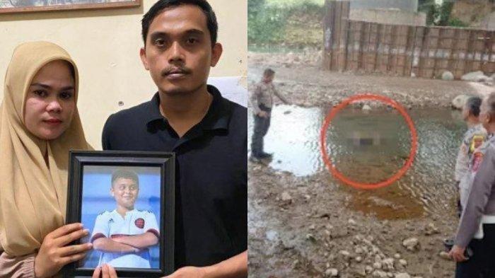 Afrinaldi (36, kanan) dan Anggun (32) berfoto dengan potret almarhum putra sulung mereka yang masih duduk di bangku SMP, Afif Maulana (13), di kantor LBH Padang, Kota Padang, Sumatera Barat, Kamis (20/6/2024).