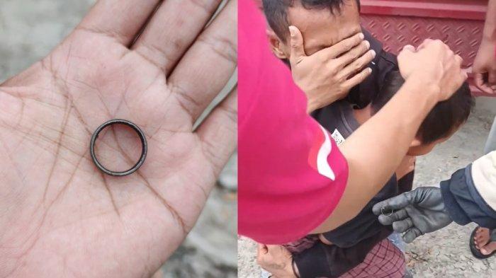 BOCAH TELAN CINCIN - Cincin dan ayah serta anak yang menelan cincin. Petugas Damkar menyelamatkan anak yang menelan cincin di Desa Tugu Kidul, Kecamatan Sliyeg, Indramayu, Minggu (13/7/2025)