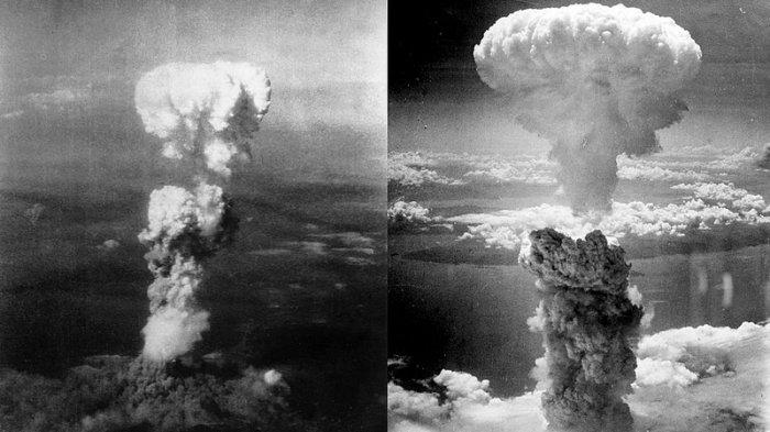 Awan jamur ledakan bom atom di Hiroshima (kiri) pada 6 Agustus 1945 dan di Nagasaki (kanan) pada 9 Agustus 1945