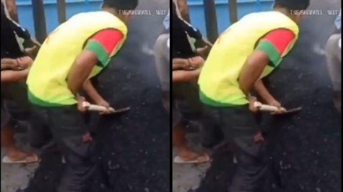 Tangkapan layar video viral driver ojol tertimbun aspal panas.