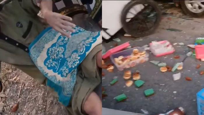 Sebuah video memperlihatkan gerobak penjual kue terguling hingga dagangannya berceceran di jalanan beredar viral di media sosial.