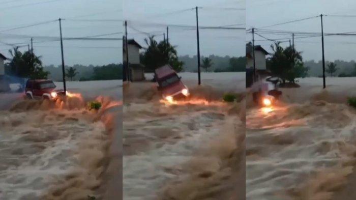 kolase tangkapan layar detik-detik mobil nekat melintas banjir berarus deras namun kemudian terguling dan terbawa hanyut di Sukabumi, Rabu (4/12/2024).