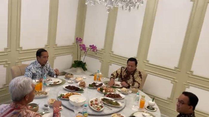 Presiden Joko Widodo saat menjamu para capres makan siang di salah satu ruangan di Istana Merdeka, Jakarta, Senin, (30/10/2024). Di meja makan Jokowi menghadap Anies Baswedan, sementara itu  di sisi kanan Ganjar Pranowo, dan di sisi kiri  Presiden adalah Prabowo Subianto.