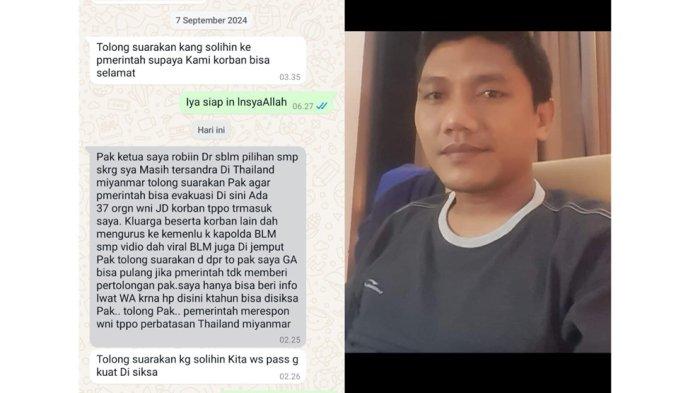 Tangkapan layar pesan minta tolong mantan anggota DPRD Indramayu, Robiin (kiri) dan foto Robiin mantan anggota DPRD Indramayu periode 2014-2019.