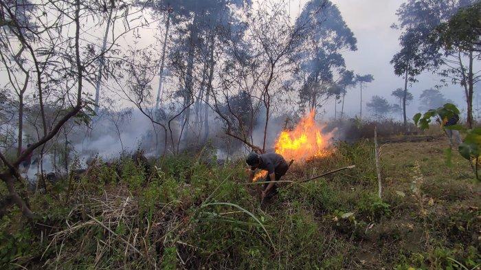 Masyarakat  Peduli Api Garut membantu proses pemadaman lahan gambut di kaki Gunung Guntur Kabupaten Garut, Jawa Barat yang terbakar, Kamis (7/9/2023).
