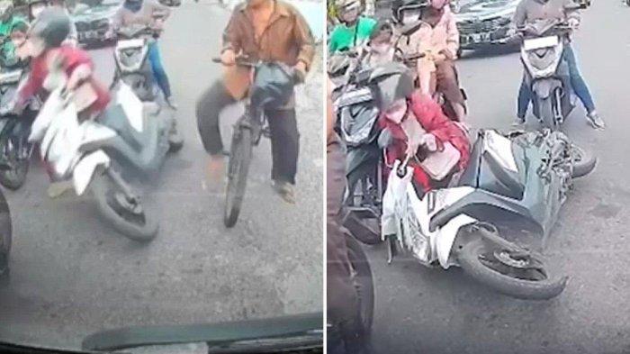 Pesepeda tendang motor hingga terjatuh