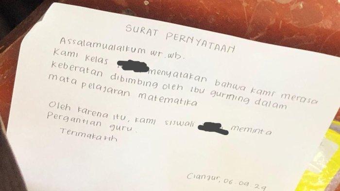 Setelah tindak kekerasan diduga dilakukan oleh oknum guru SMG (55) di SMAN 2 Cianjur, foto surat penyataan penolakan siswa untuk dibimbing guru matematika tersebut pun beredar di media sosial.