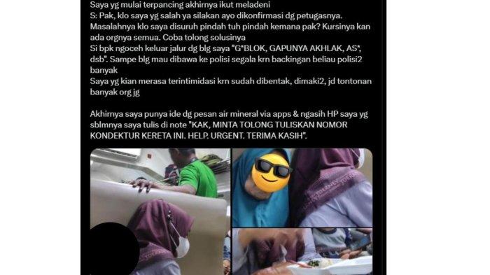 Tangkapan layar cuitan dengan narasi penumpang KA Sri Tanjung dimaki dan diajak berduel setelah kursinya ditempati orang lain, Kamis (10/4/2025).