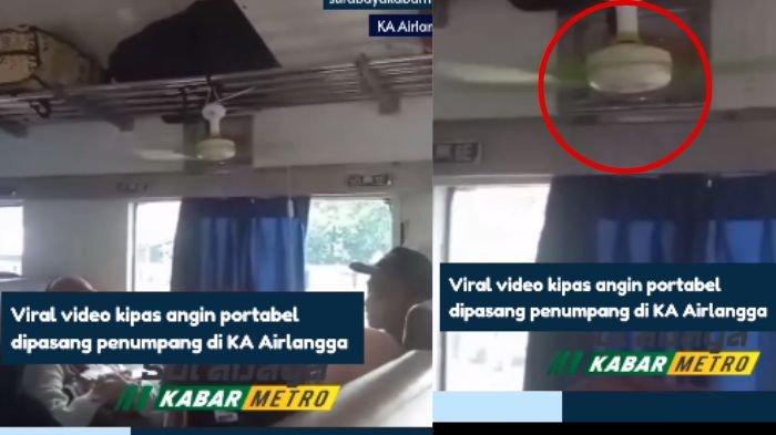 Beredar sebuah video yang menunjukkan penumpang kereta api (KA) menyalakan kipas angin gantung dari stop kontak atau colokan listrik yang ada di kereta.