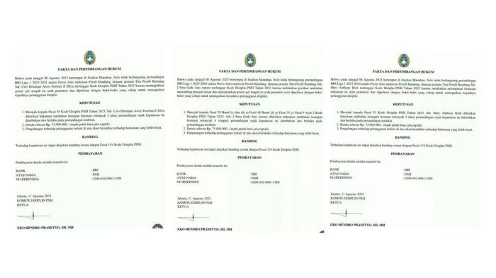 Tangkapan layar salinan surat keputusan Komdis PSSI tertanggal 11 Agustus 2023, berupa larangan bermain bagi tiga pemain Persib, Ciro Alves, Marc Klok, dan I Putu Gede Juni Antara buntut aksi di laga melawan Persis Solo beberapa waktu lalu, Sabtu (12/8)