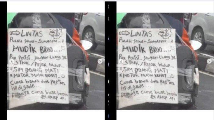 tulisan kocak viral pemudik motor: Pak Polisi, jangan tilang ya..'