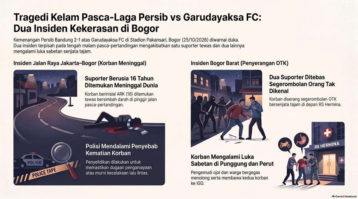Dua Insiden Berdarah Usai Laga Persib di Bogor: 1 Suporter Tewas, 2 Luka Diserang